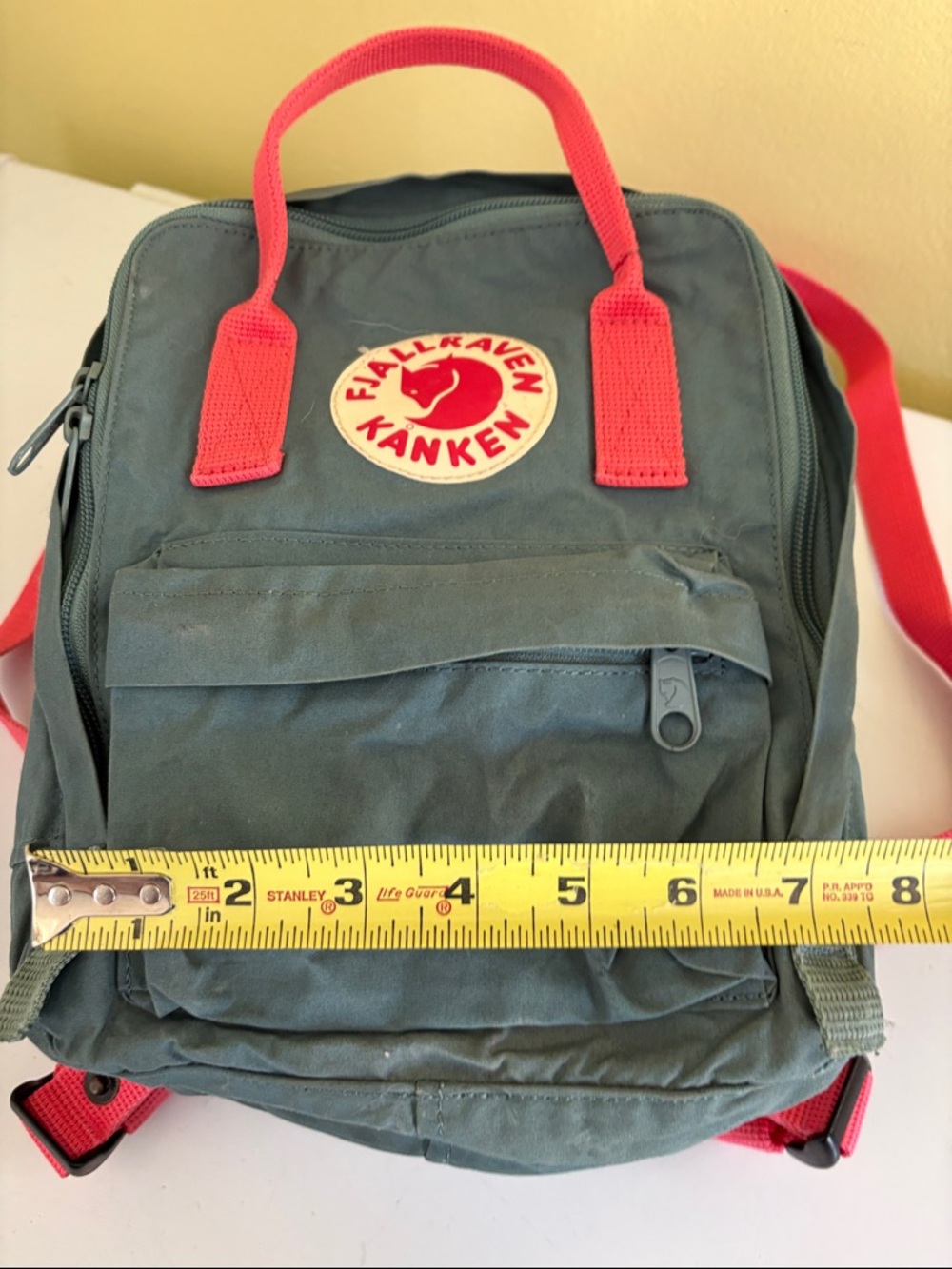 Fjallraven Kånken Mini Backpack in Sage with Coral Handles